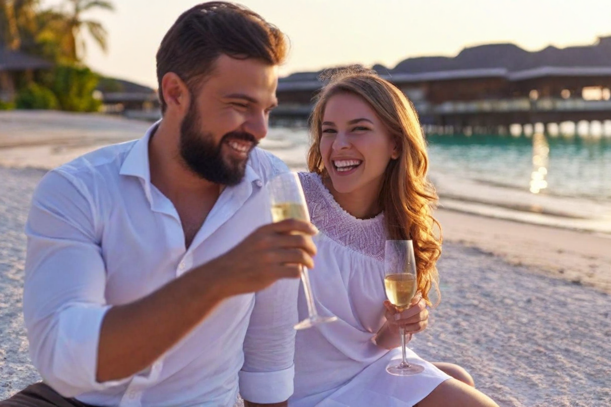 pareja tomando copa de vino en la playa