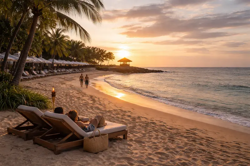 Atardecer en una playa tropical con palmeras, dos tumbonas en primera línea y cócteles junto al mar — viaje romántico a medida con Vayara Travel.